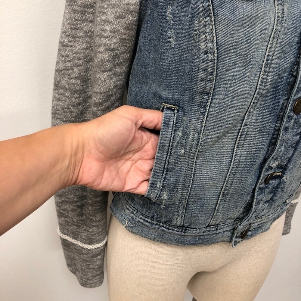 Free People Denim Jacket Womens Small Blue Grey Hooded Mixed Media Distressed - Picture 4 of 11